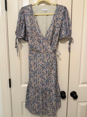 Lucy Paris Blue and Pink Floral Wrap-Style Midi Dress